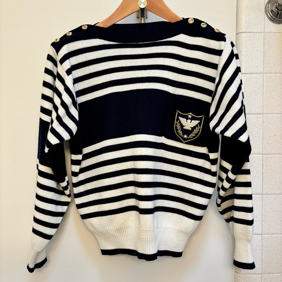 Vintage Sweaters - Vintage Counterparts Navy and White Striped Nautical Sweater w/ Crest Small Wool